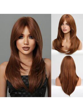 Women Orange Brown Heat Resistant Long Curly Shoulder Length Synthetic Wigs